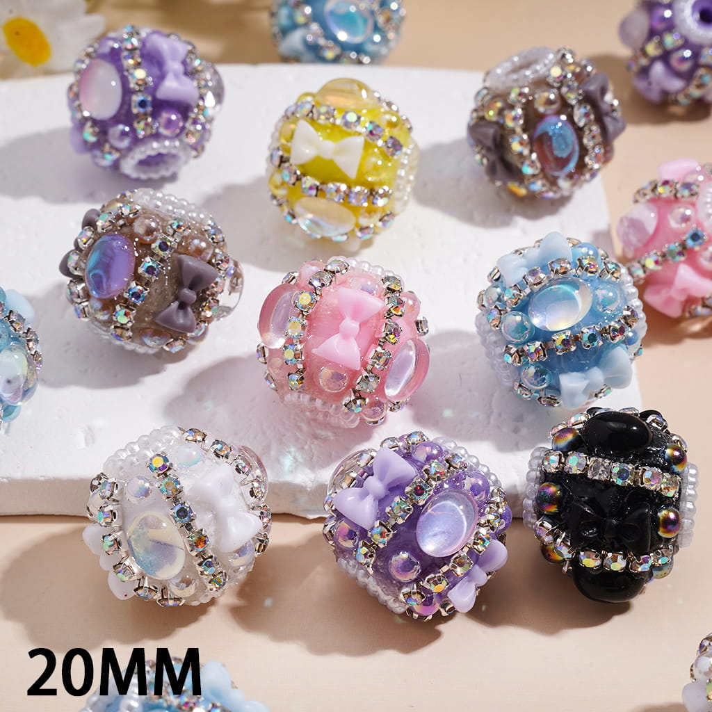 UV-Coated Bowtie & Oval Rhinestones, Half-Shell Pearls, AB & White Pearl Chain Round Handmade Acrylic Beads 20MM Random Mix