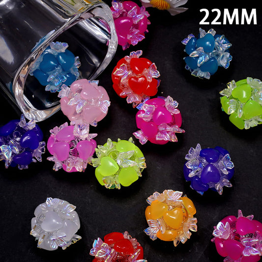 UV Coating Neon Hearts & Butterfly Design Round Handmade Acrylic Beads 22MM Random Mix