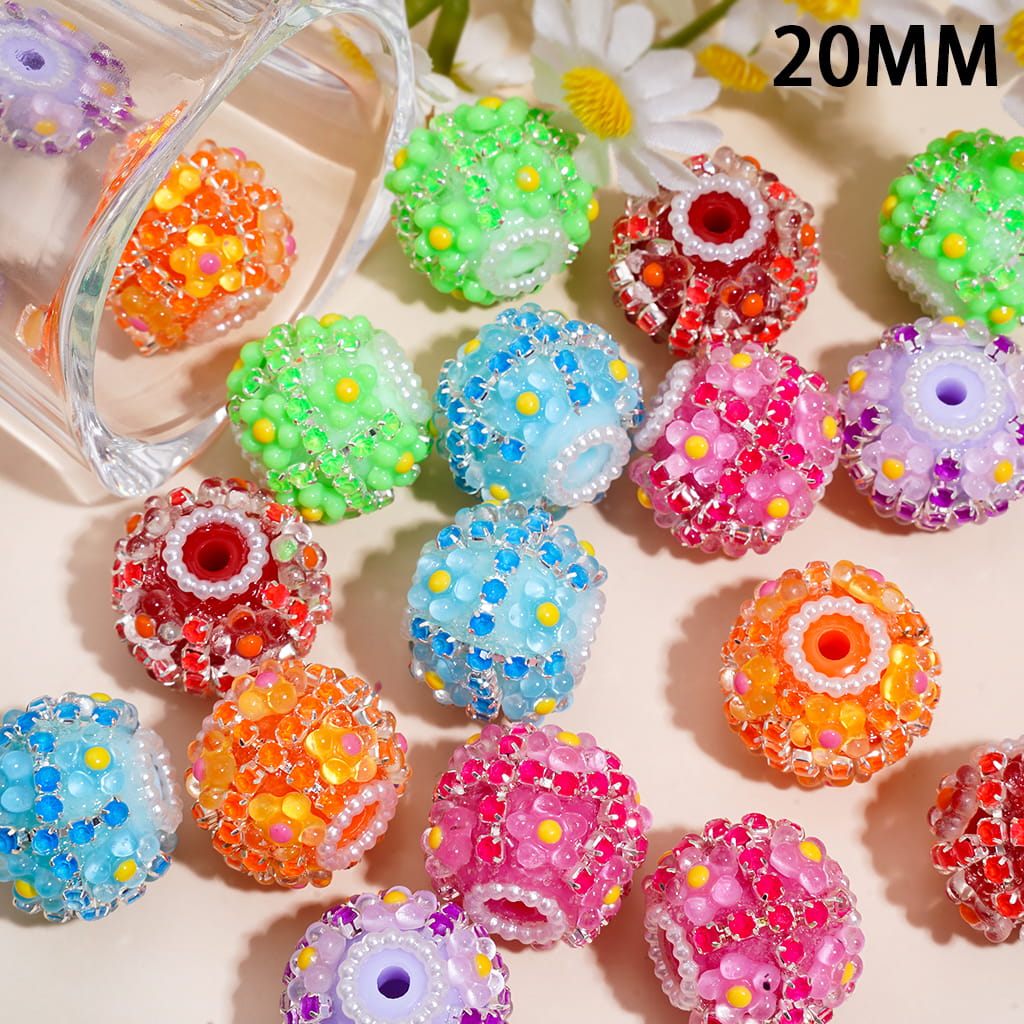Handmade Acrylic Beads with Flowers and Neon Color Rhinestone Chains, White Pearl Chains, 20MM, Random Mix