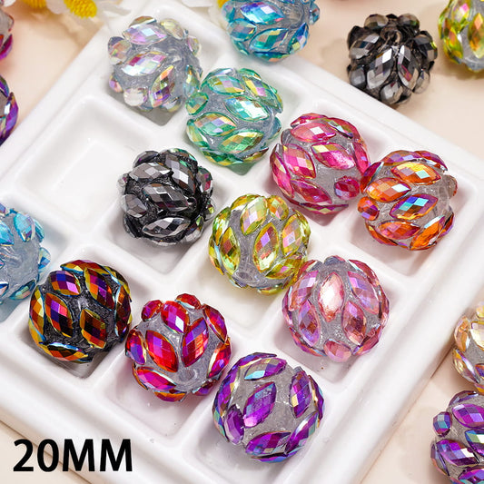 Dazzling Salix Leaf Rhinestones Round Handcrafted Acrylic Beads 20MM Random Mix