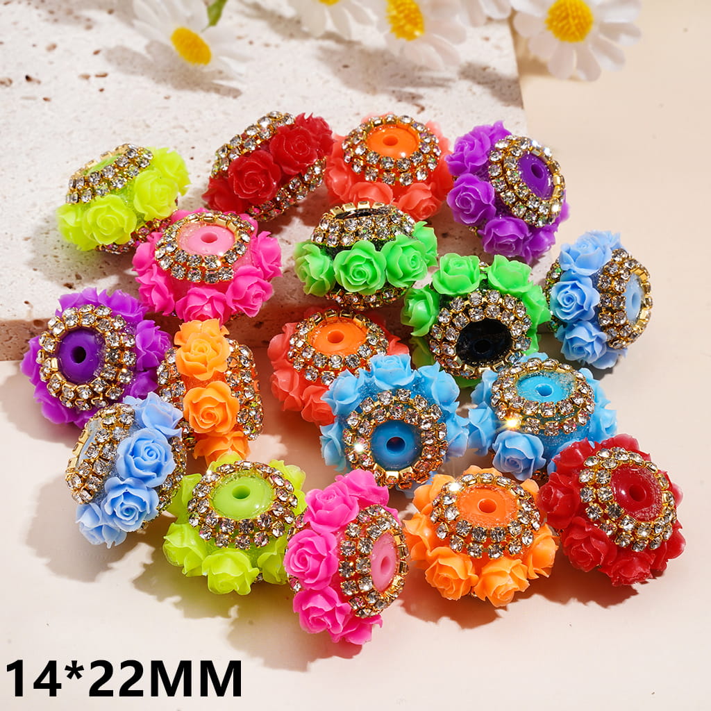 Handmade Acrylic Beads with Rose Flowers and Gold Alloy Chains w Clear Rhinestones, 14*22MM, Fluorescent Colors, Random Mix