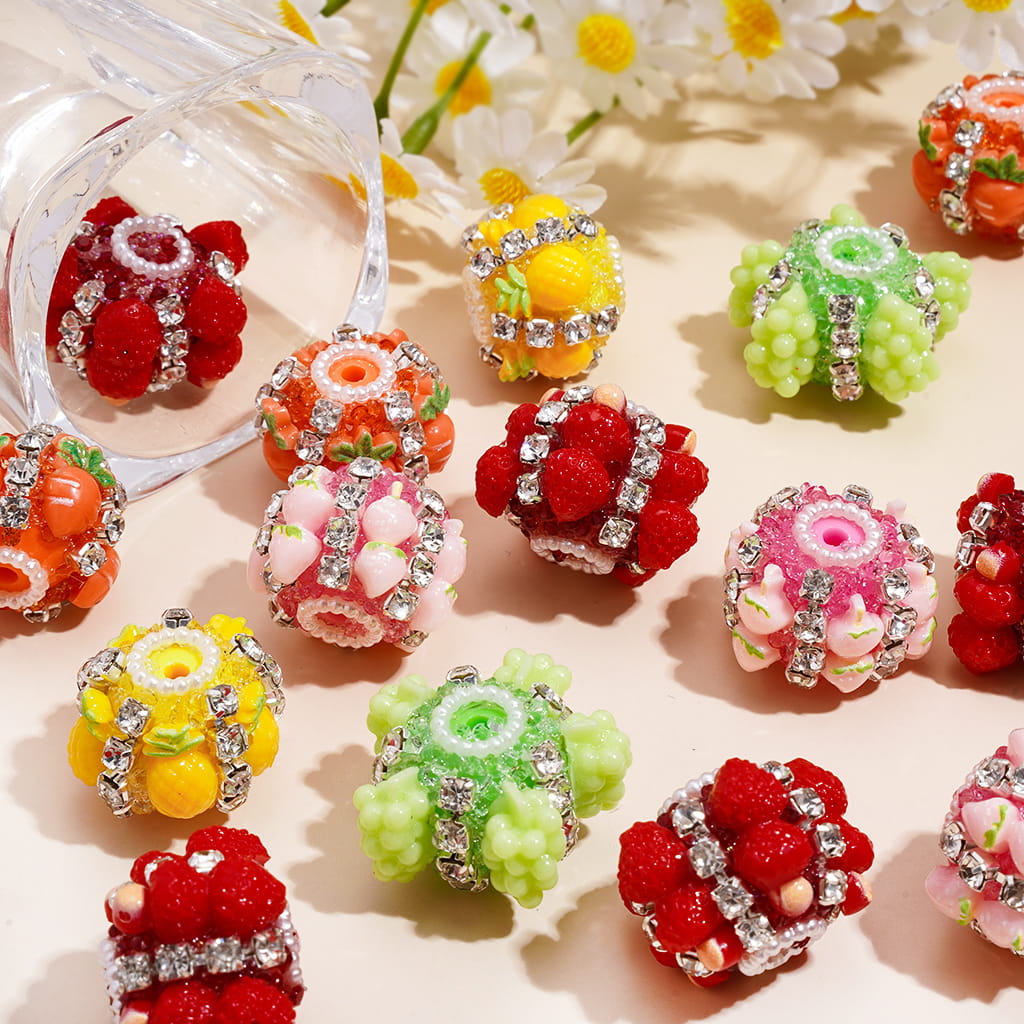 Hand-Made Acrylic Sugar Beads with Fruit Series and Clear Rhinestones in Silver Claw Setting, White Pearls Chains, Random Mix