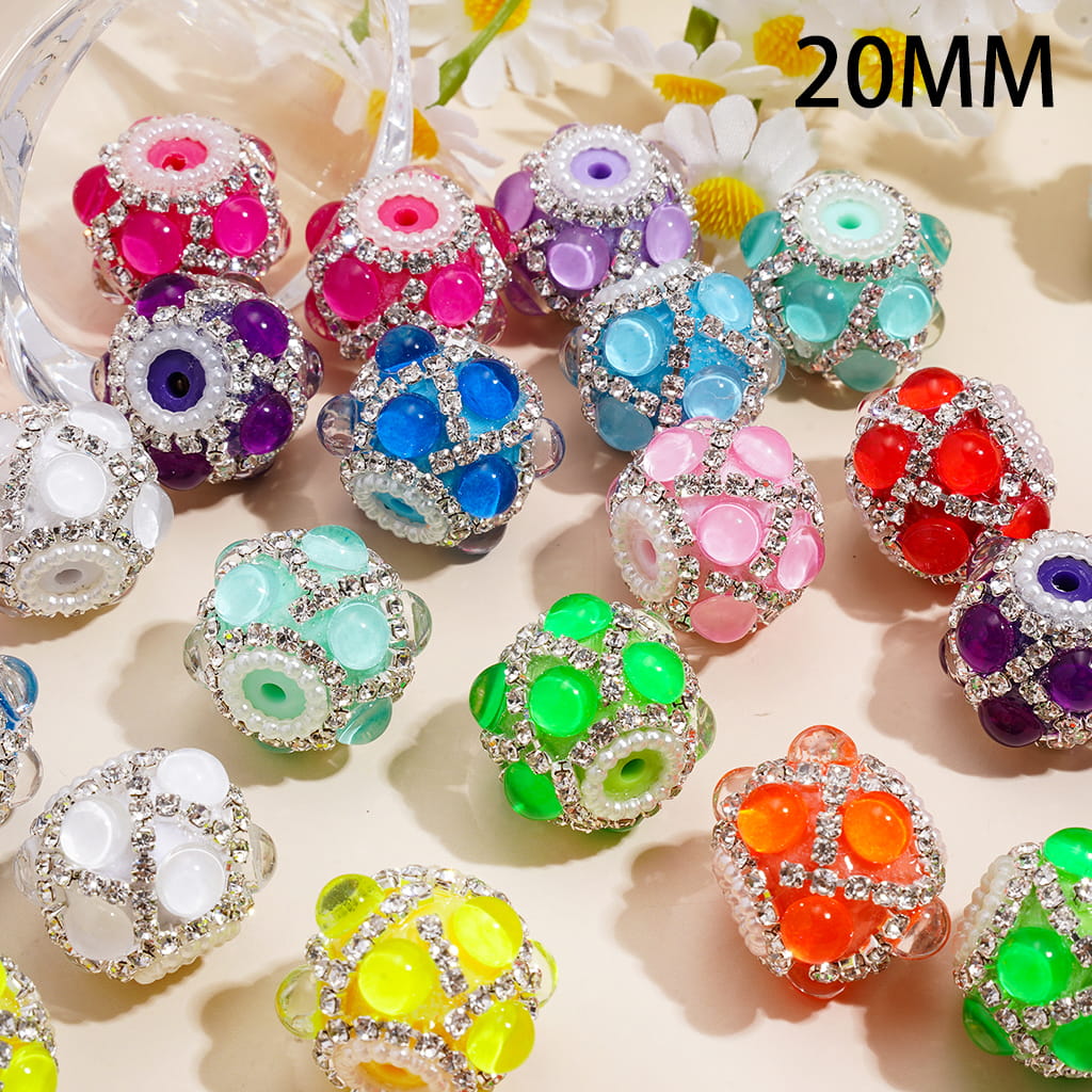 Handcrafted Acrylic Beads w Neon Colors Half-Face Rhinestones & "V" Shaped Clear Rhinestone Chains, White Pearls Chains, 20MM, Random Mix