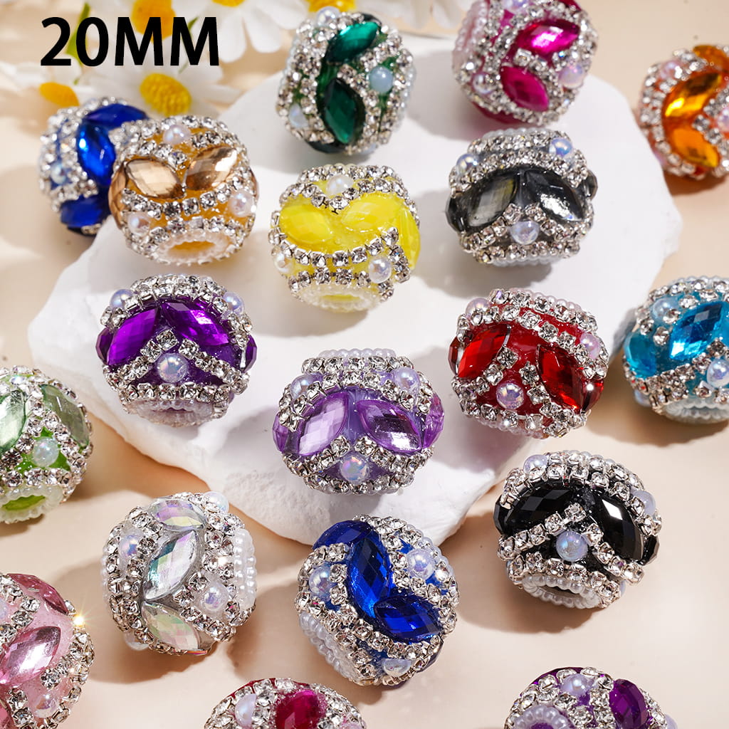 Handmade Acrylic Beads w Leaf Shaped Rhinestones & UV Coated Half-Shell Pearls, Clear Rhinestone & White Pearl Chains, 20MM, Random Mix