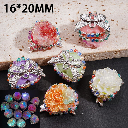 Luminous Silver Metal Bowtie & Colorful Chains Peony Flowers Flat Heart Shape Handcrafted Acrylic Beads 16*20MM, Random Mix