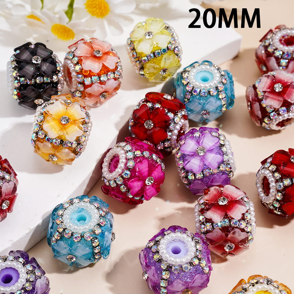 Handcrafted Acrylic Beads w Four Leaf Clover and White Pearl Loop, Gun Black Metal Chains w AB Rhinestones, 20MM, Random Mix