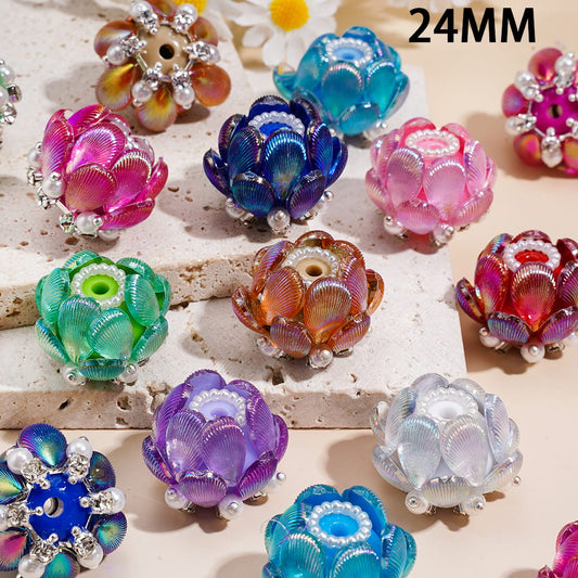UV-Coated Lotus Flower Design with Shell Petals, Silver Metal Chains, Clear Rhinestones & White Pearls, Handmade Acrylic Beads 24MM Random Mix.