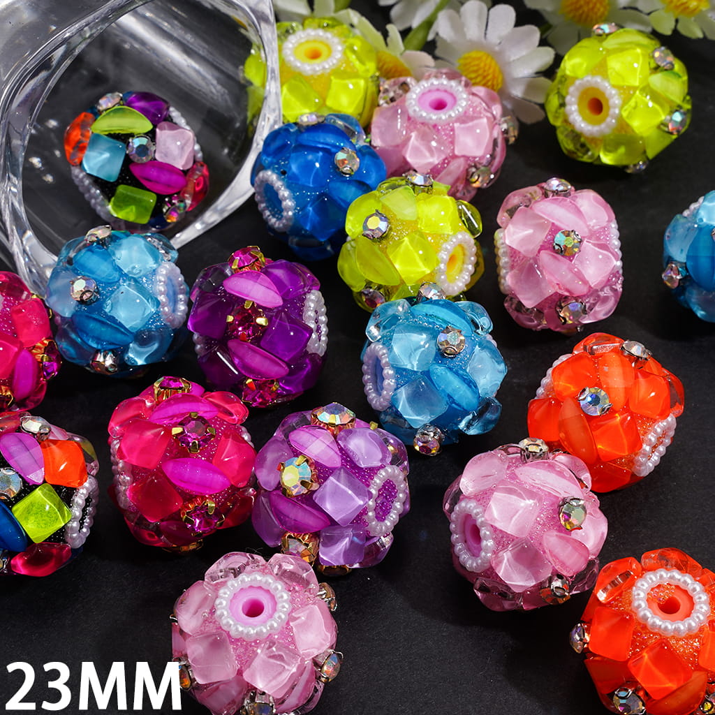 Hand-Made Acrylic Beads w Squares & Leaves Rhinestones, Gold Metal Claw Setting w Rhinestones, White Pearl Chains, Neon, 23MM, Random Mix