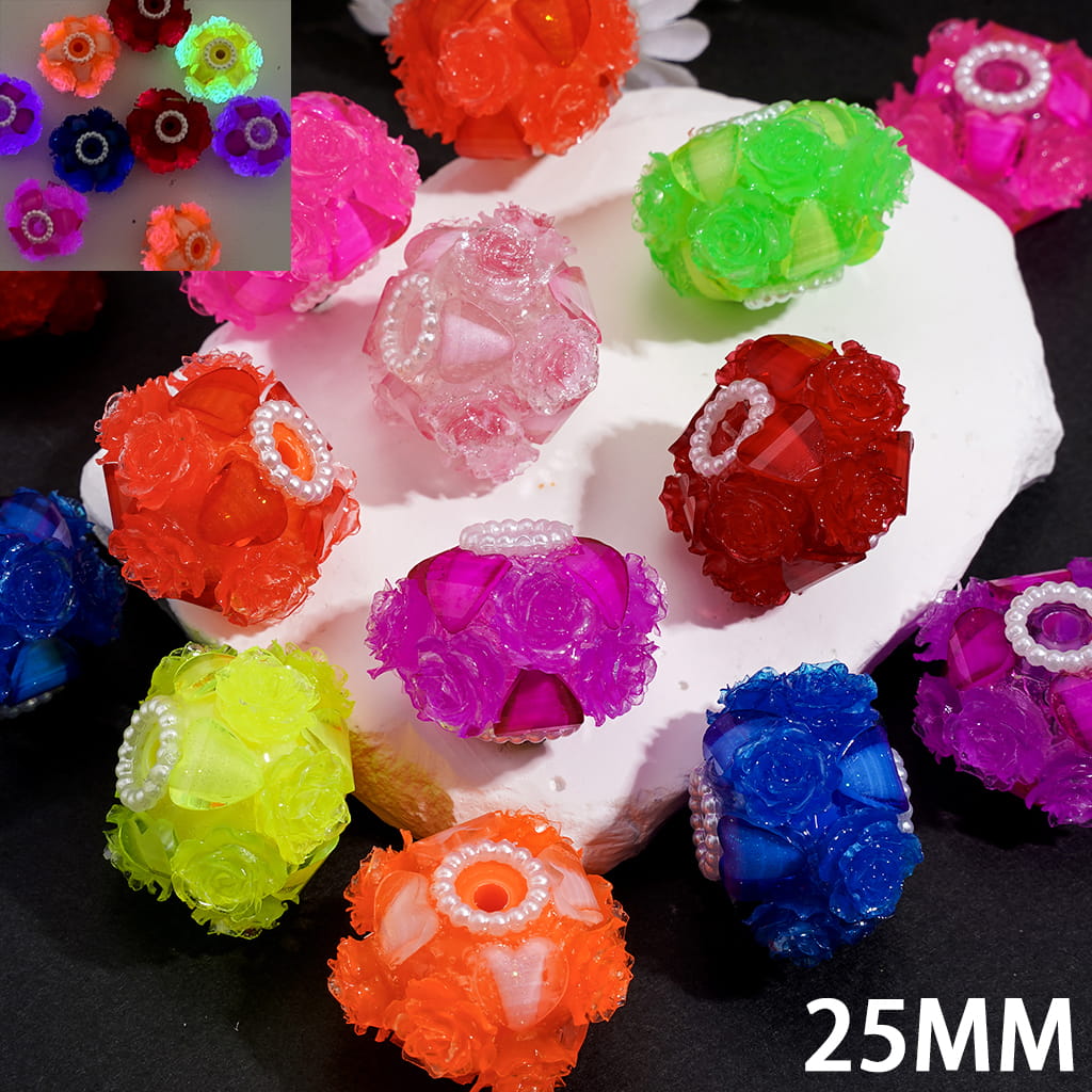 Handcrafted Acrylic Beads w Luminous Rose Flowers & Hearts Rhinestones White Pearl Chains, Fluorescent Colors 25MM Random Mix