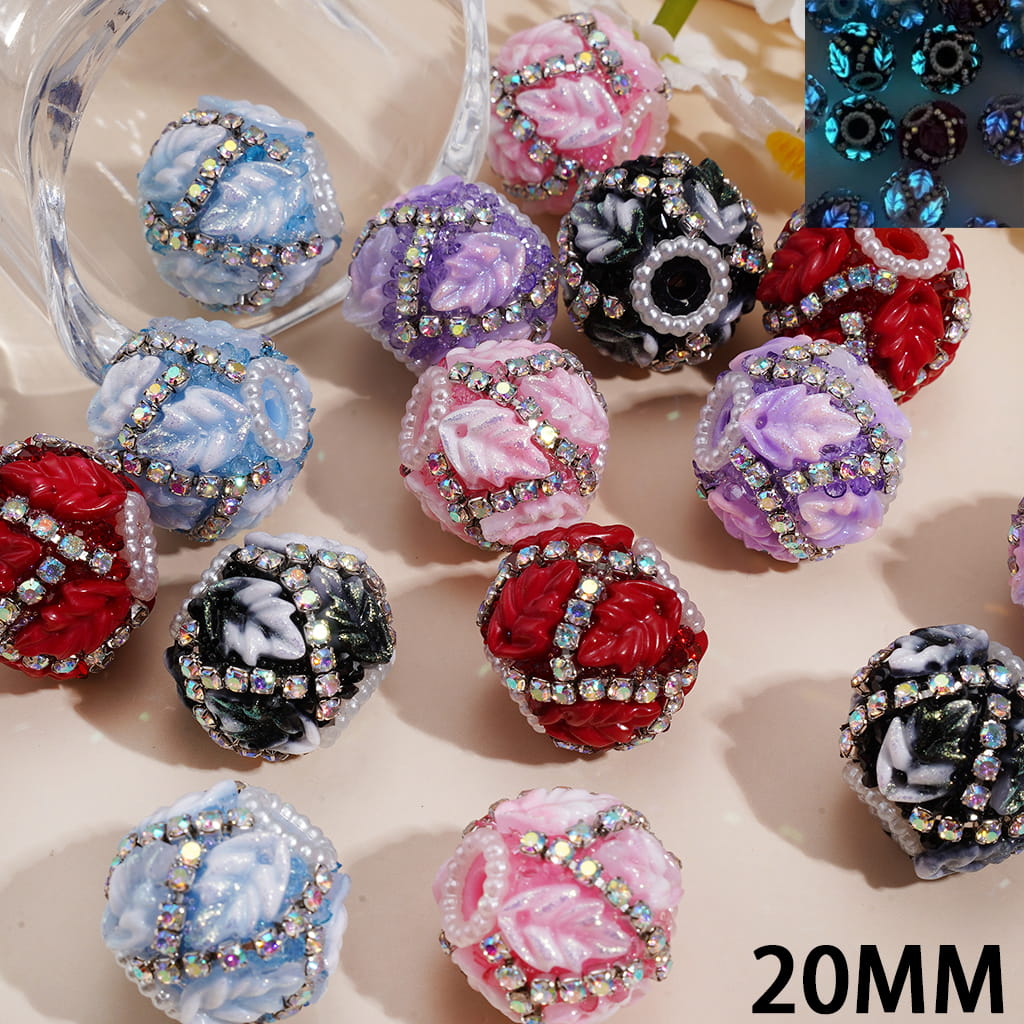 Hand-Made Acrylic Sugar Beads w Luminous Fine Rhine Leaf Design, AB Rhinestone Chain & Pearl Trim, 20MM, Random Mix