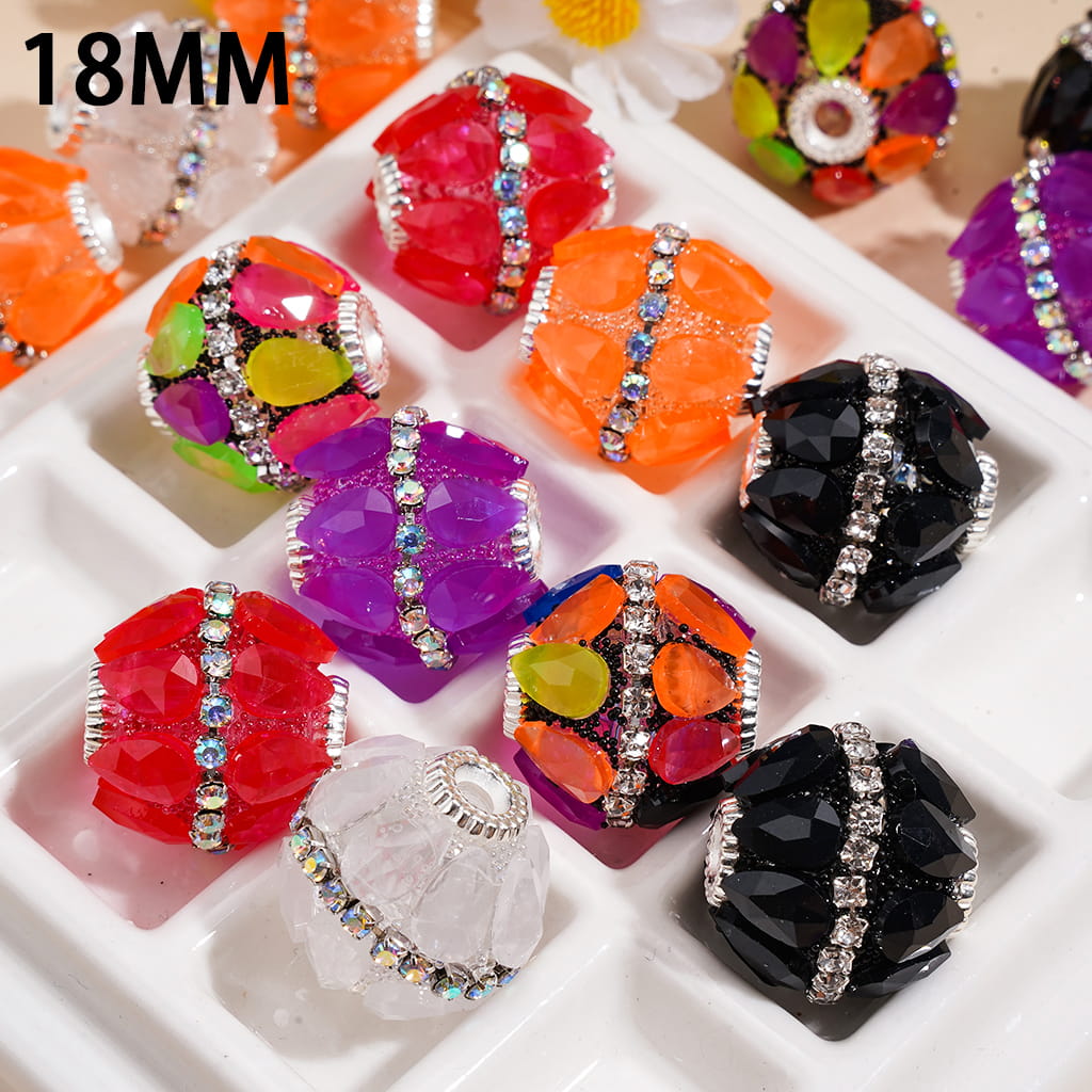 Hand-Made Acrylic Sugar Beads w Fluorescent Teardrop Rhinestones, AB Clear Rhinestone Chain & Silver Metal End Caps, 18MM, Random Mix