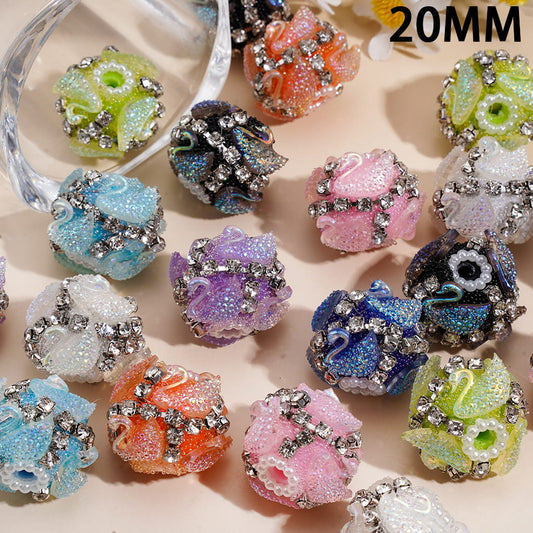 Elegant Glossy Swan Design Clear Rhinestone Chain & White Pearl Handmade Sugar Acrylic Beads, 20MM, Random Mix