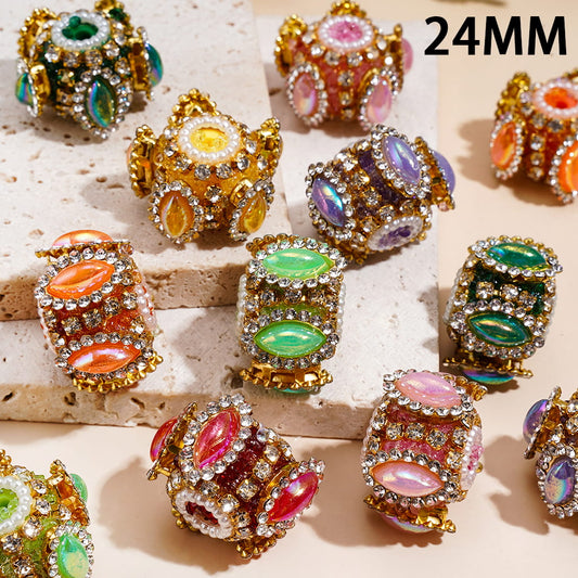 Sparkling Rhinestones with Marquise Cut Design White Pearl Chain & Gold Metal Clasp Hand-Made Sugar Acrylic Beads 24MM, Random Mix