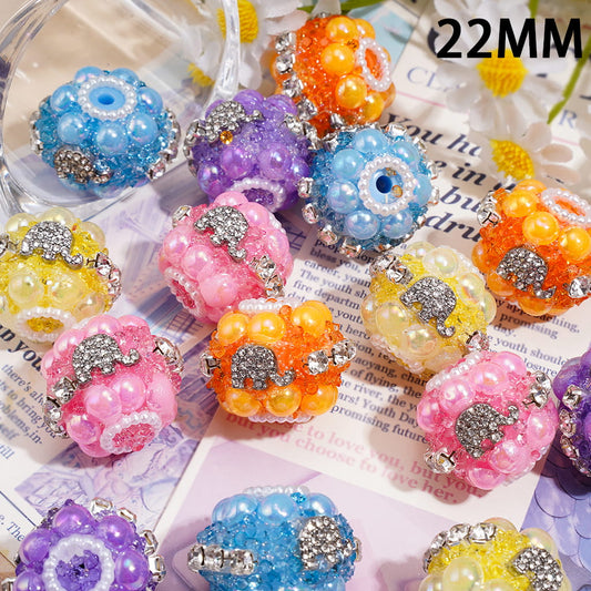 UV Coated Hand-Made Elephant Design with Clear Rhinestones Half-Pearl & White Pearl Chain Sugar Acrylic Beads