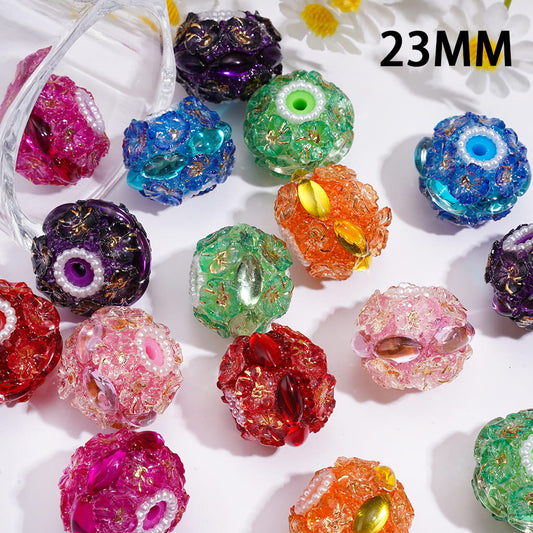 Elegant Handmade Gold Foil Flower Shape Rhinestones with White Pearl Chain Sugar Acrylic Beads 23MM Random Mix
