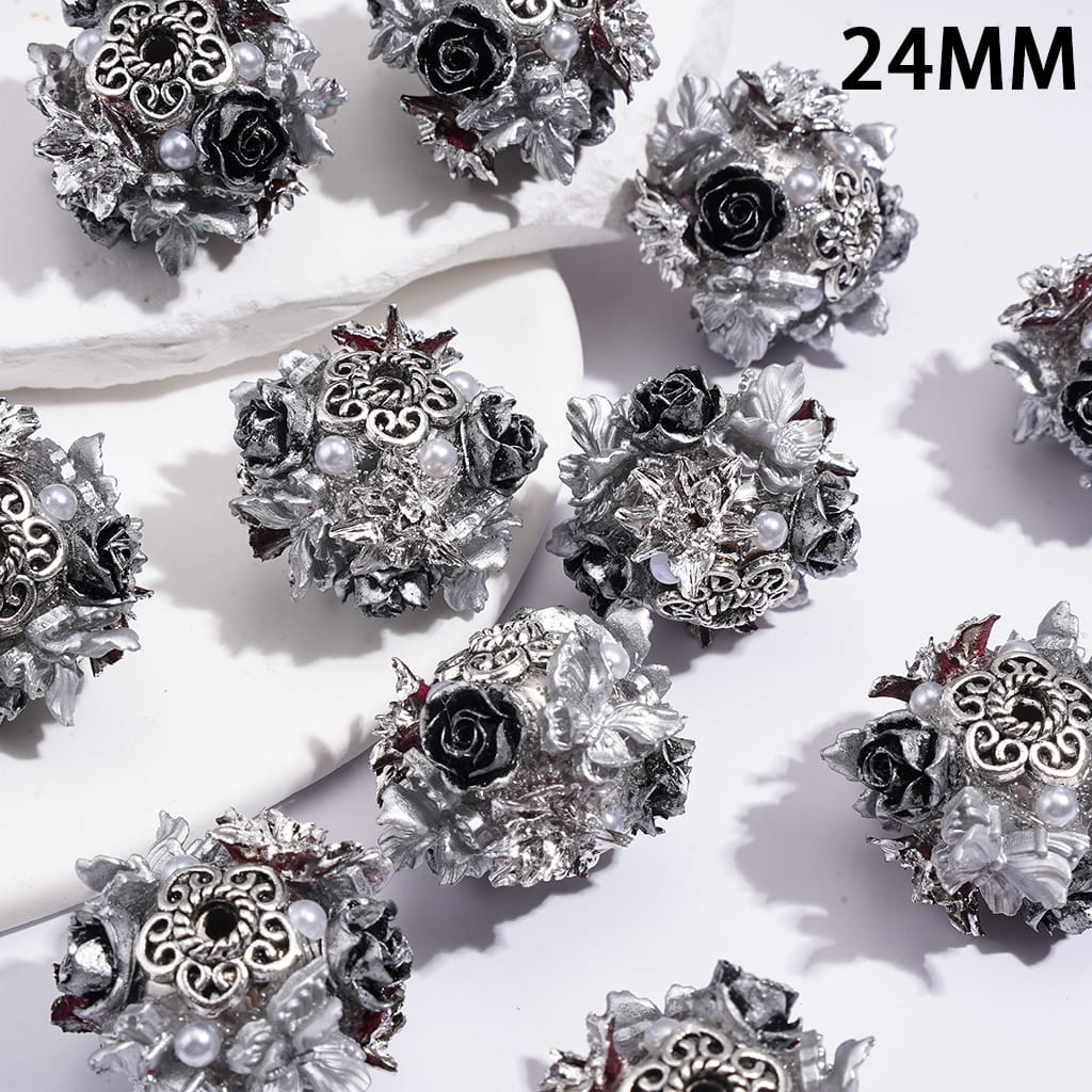 Silver Metal Flower Cap with Elegant Silver Gray Butterfly & Black Rose Floral Design and Half face Pearls Handmade Acrylic Beads, 24MM