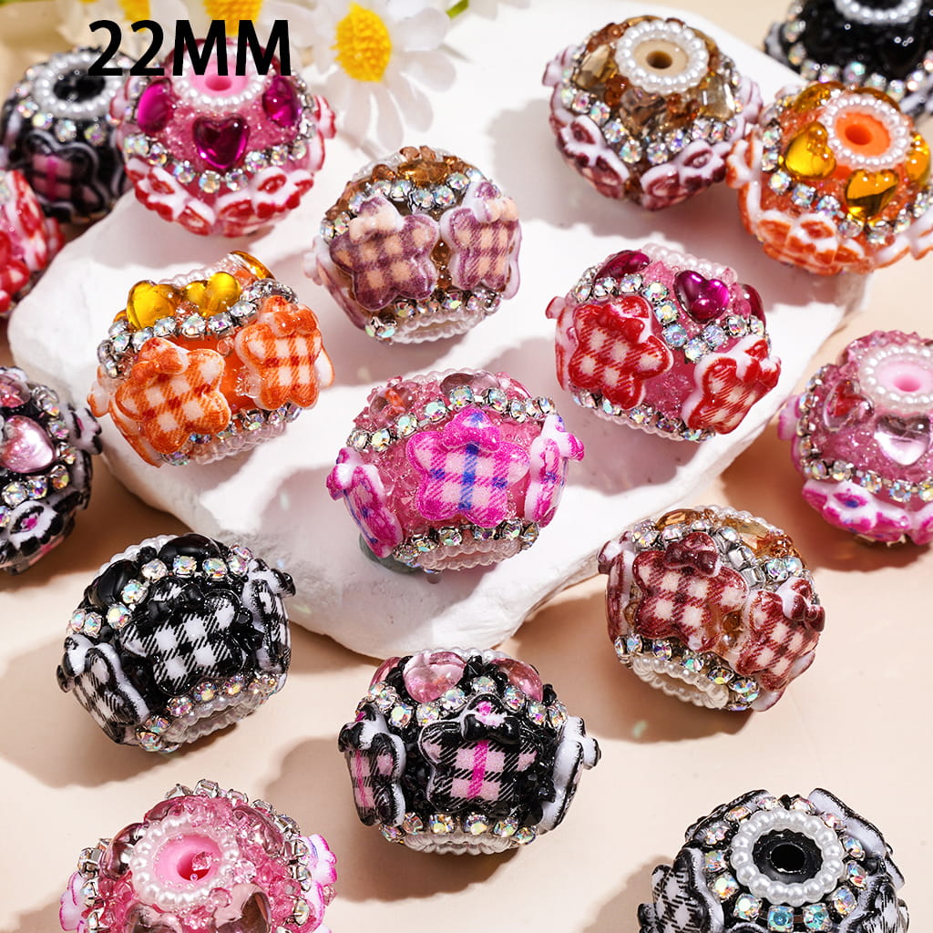 Cute Checkered Star Design with Bow, Heart Gems, Sparkling AB Rhinestones and White Pearl Chain Handmade Acrylic Beads, 22MM, Random Mix