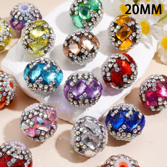 Sparkling Rhombus Crystal Style with Rhinestone Chain & White Pearl Ring Hand-Made Acrylic Beads, 20MM, Random Mix
