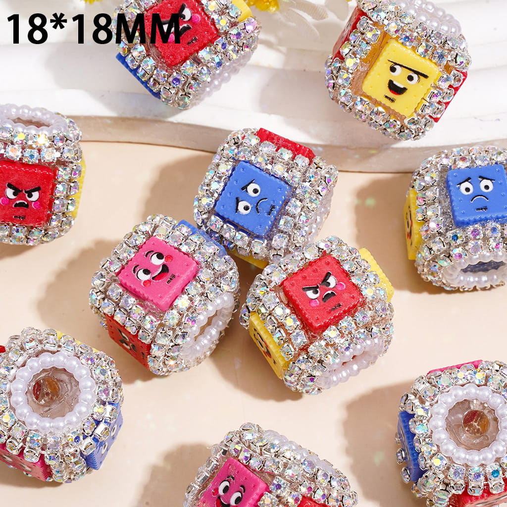 Hand-Made Acrylic Beads w Emoji Cartoon Face Design & AB Rhinestone, Cube Square Shape, 18*18MM, Random Mix