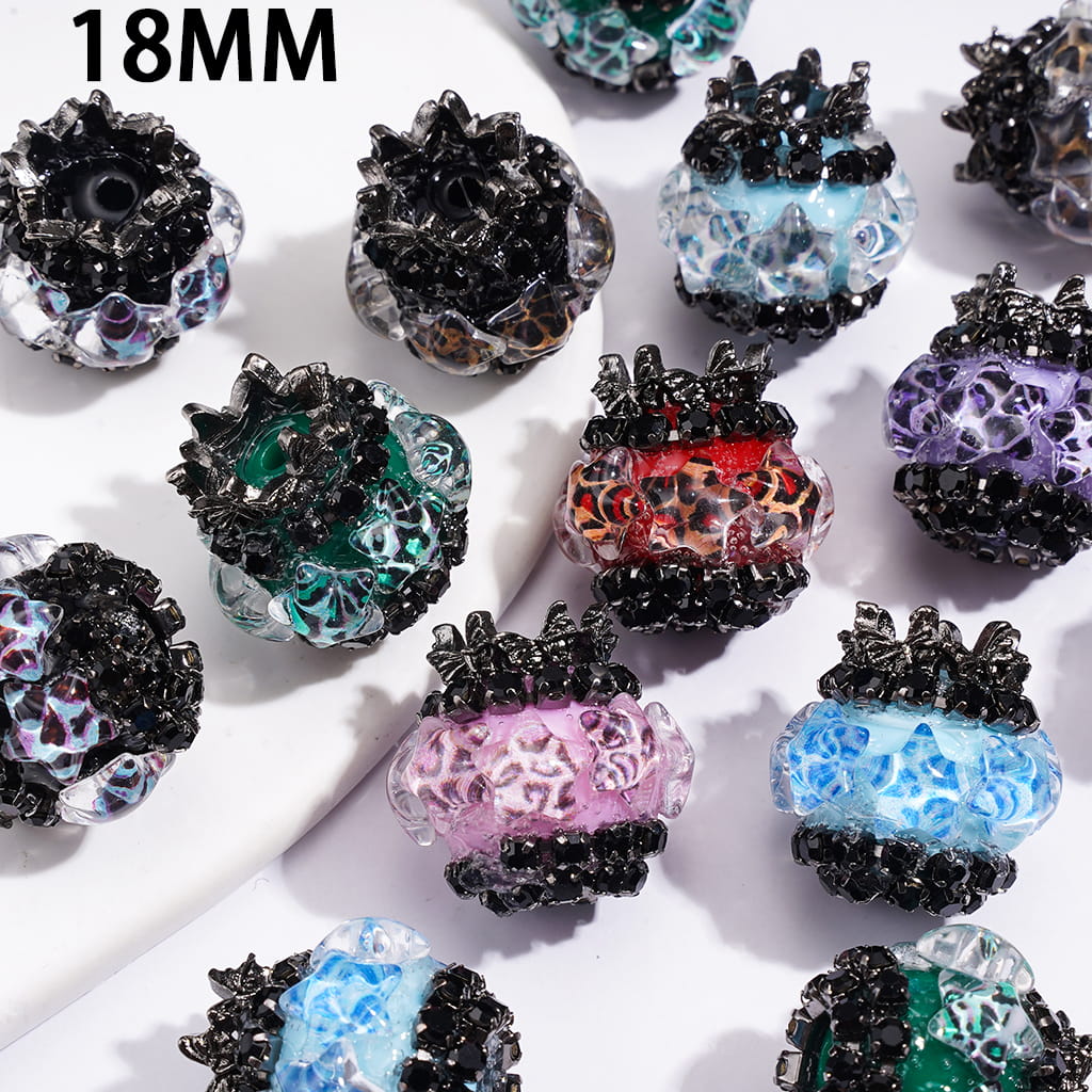 Hand-Made Acrylic Beads w Leopard Print Pentagram Rhinestone, Black Crystal Chain & Metal Butterfly, 18MM, Random Mix