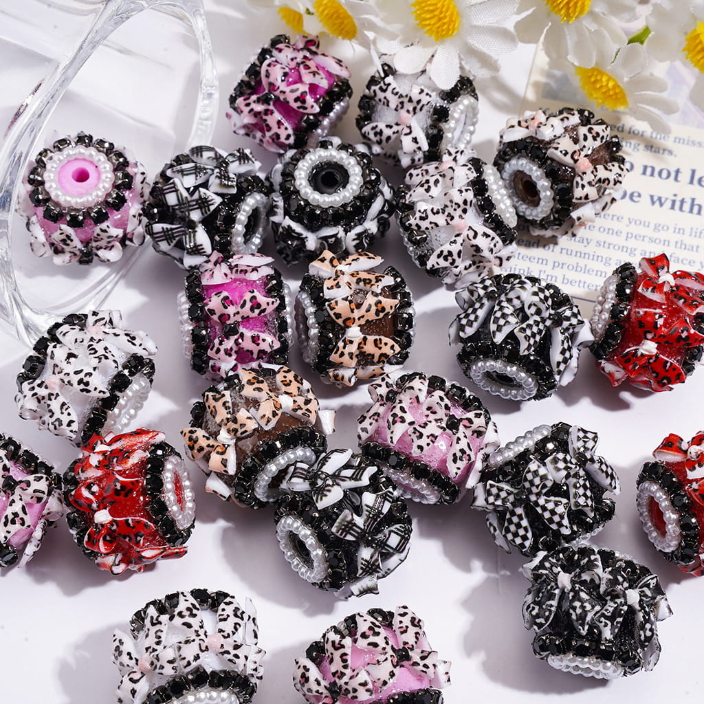 Handmade Acrylic Beads w Leopard Print Bow and Black Rhinestone Chains, White Pearl Loop, 18MM, Random Mix