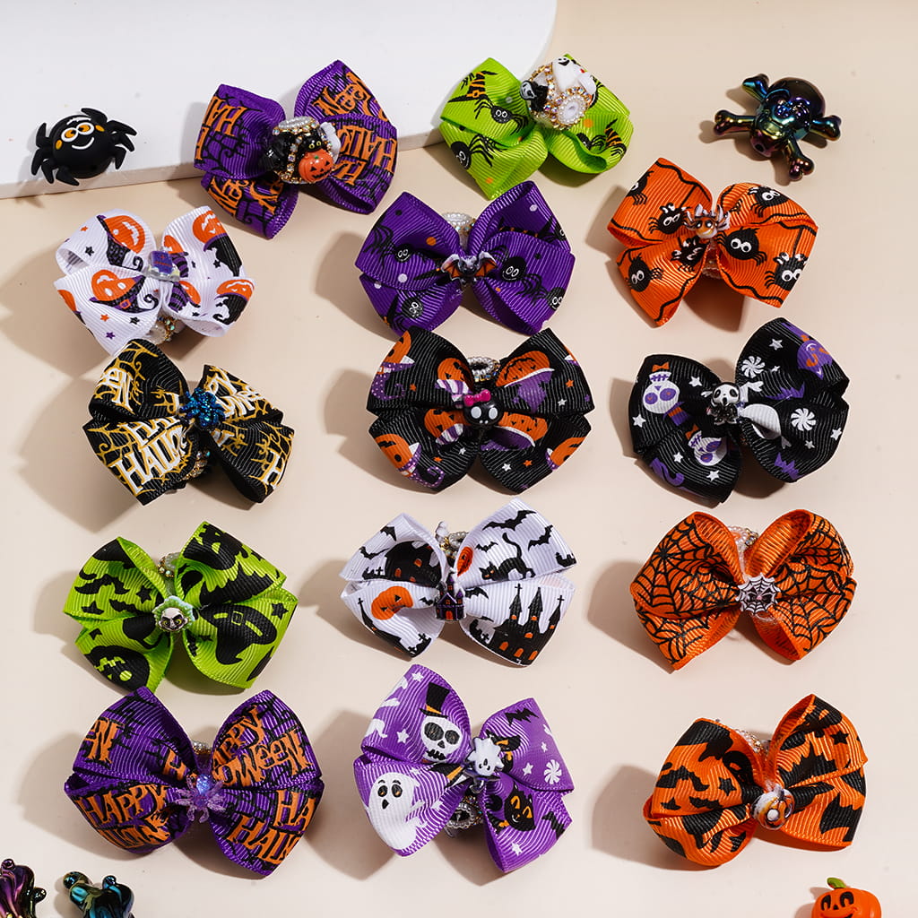 Spooky Halloween Fabric Ribbon Bows & Sparkling Rhinestones, Handmade Acrylic Beads, Assorted Styles