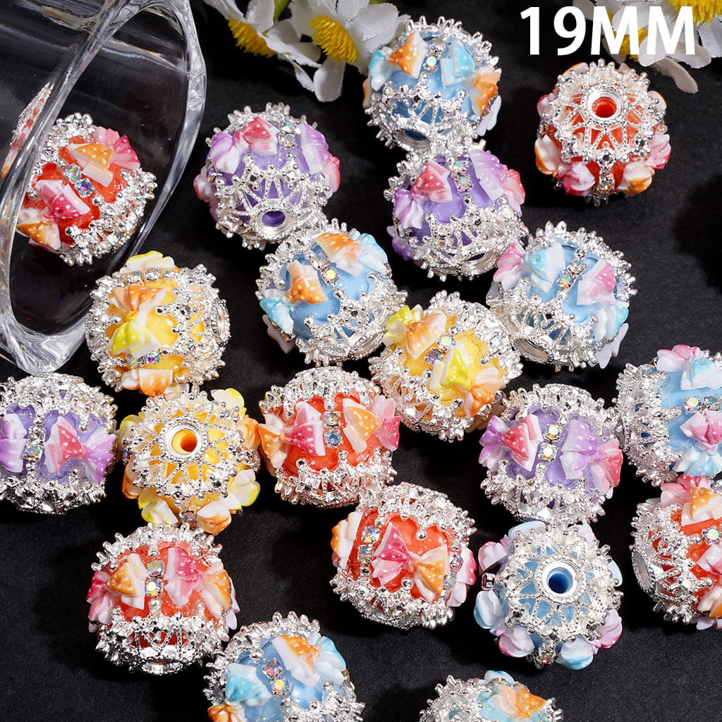 Hand-Made Acrylic Beads w Dual Color Bow & Silver Metal Filigree Cap, AB Rhinestones, 19MM, Random Mix