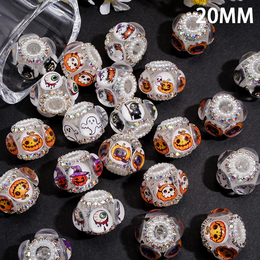 Spooky Halloween Theme Print Handmade Acrylic Beads with Clear Rhinestones, AB Rhinestone & White Pearl Trim, 20MM