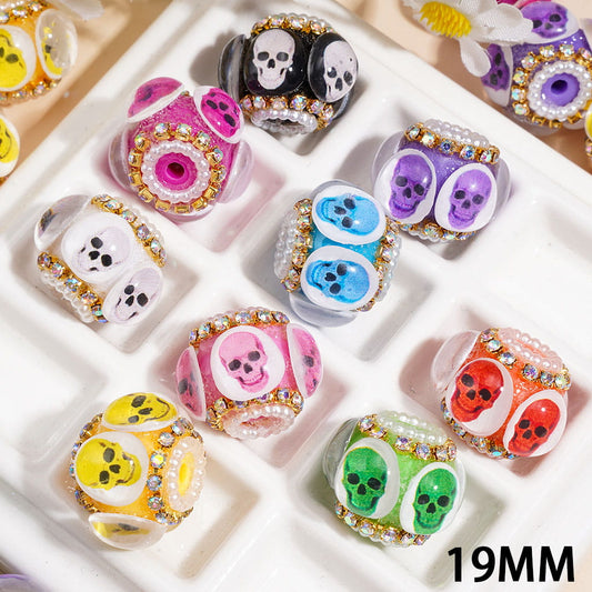 Halloween Skull Handmade Acrylic Beads with AB Rhinestone & Pearl Trim, 19MM, Random Mix