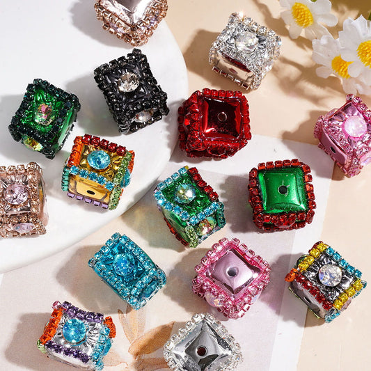 Handmade Metallic Square Cube Acrylic Beads with Clear Rhinestones Chains, Around 14*18MM, Multi-Color Random Mix
