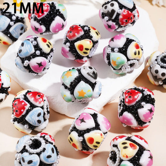 Black & White Floral Heart Pattern, Black Cone Shaped Rhinestones White Pearl Chains, Round Hand-Made Acrylic Sugar Beads, 21MM, Random Mix