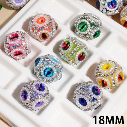 Evil Eye Round Handmade Acrylic Beads with White Pearl Chains & AB Rhinestones, 18MM, Multi Colors Random Mix