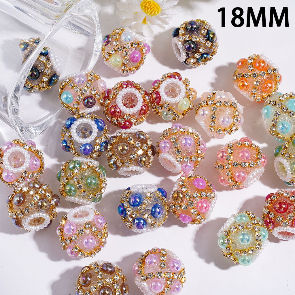 Hand-Made Acrylic Beads with UV Coated Half-Faced Pearls, "X" Shaped Clear Rhinestone Chains, White Pearl Loop, 18MM, Random Mix, Various Colors