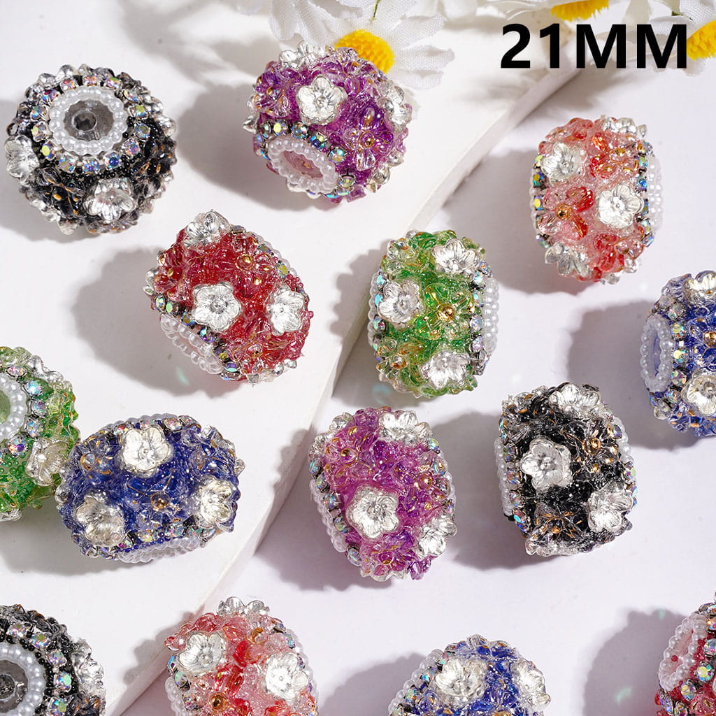 Handmade Acrylic Beads w Transparent Cross & Silver Color Metal Five-Petaled Flower, AB Rhinestone & White Pearl Chains, 21MM Multi-Color Random Mix
