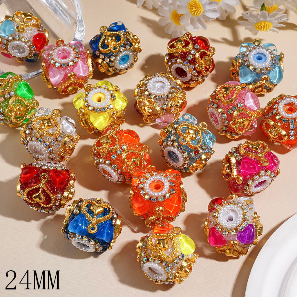 Handmade Acrylic Sugar Beads w Heart Rhinestones and Gold Metal Heart Charm, White Pearl & AB Rhinestone Chains, 24MM Neon Color Random Mix
