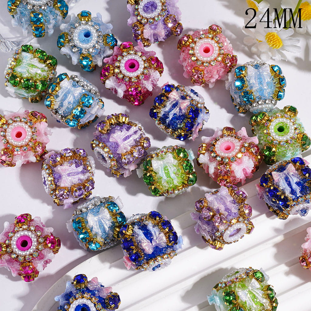 Handmade Acrylic Sugar Beads w Shiny Glitter Bow & Cone Shaped Clear Rhinestones, Metal Chain w Rhinestones & White Pearl Chains, 24MM Multi-Color Random Mix