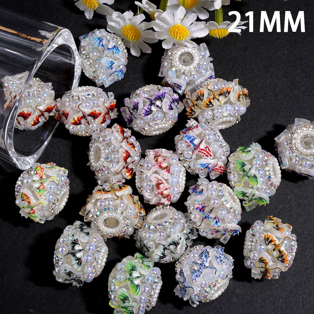 UV Coated Half Shell Pearl Dragon Bird Handmade Acrylic Beads with AB Rhinestones & White Pearl Chain, 21MM Multi-Color Random Mix