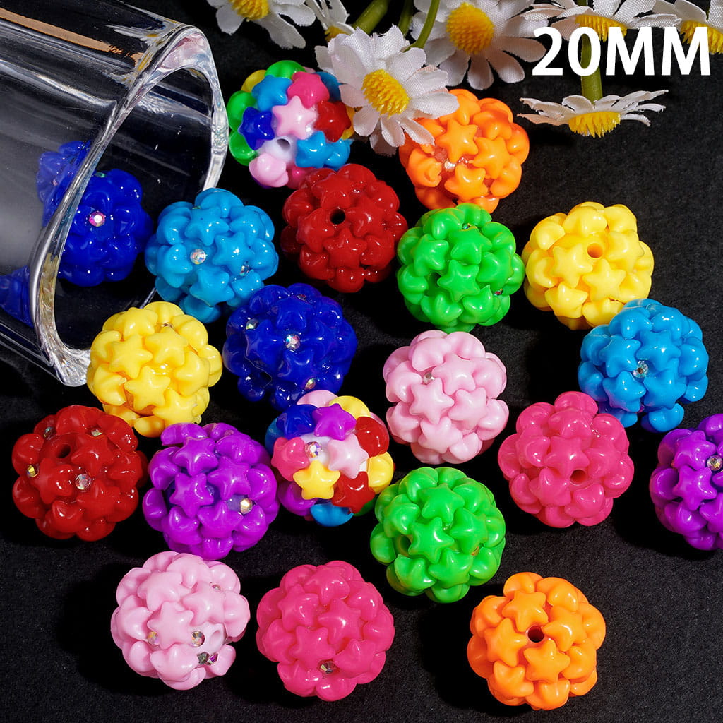 Handcrafted Acrylic Beads with Star and AB Rhinestones, 20MM, Neon Colors, Random Mix