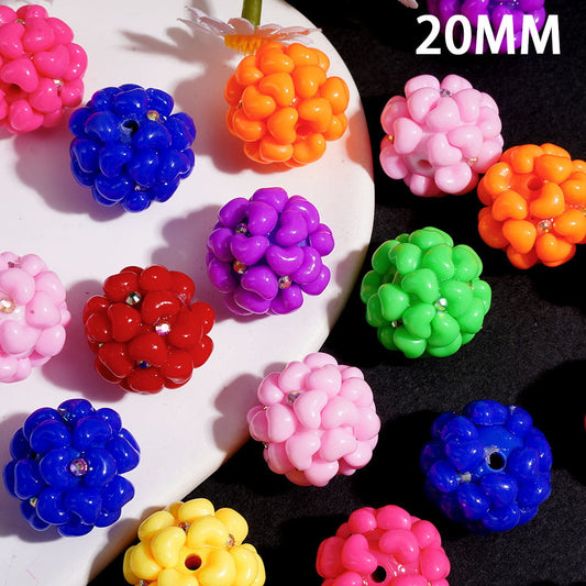 Mini Puffy Heart Cluster with AB Rhinestones, None Colors, Handmade Acrylic Beads, 20MM, Multi Colors Random Mix