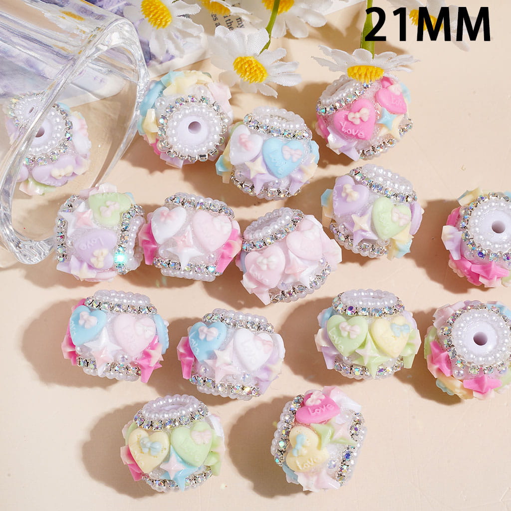Handmade Acrylic Beads Star Heart w Mini Bowtie, UV Coated Half-Shell Pearl, AB Rhinestone & White Pearl Chains, 21MM Macaron Colors Random Mix