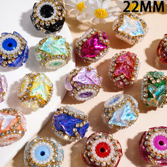 Fishtail-Shaped Handmade Acrylic Beads with Rhinestone Metal Chains, Clear Rhinestones & White Pearl Trim, Handmade, 22MM, Random Mix