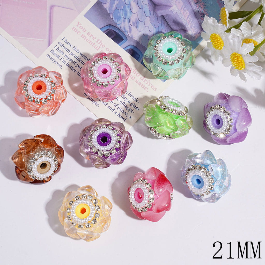 21MM - Hand-Made Acrylic Beads Plump Hearts w Gold Glitter, Clear Rhinestone & White Pearl Chains, Multi-Color, Random Mix
