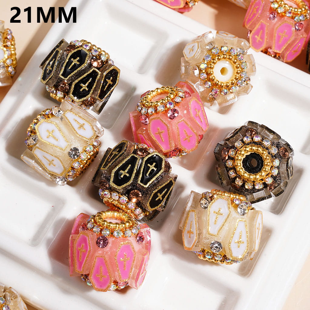 Gothic Coffin with Gold-Edged Cross, Cone-Shaped, AB Rhinestones & Gold Pearl Chains, Halloween Series Handmade Acrylic Beads, 21MM, Multi-Color Random Mix