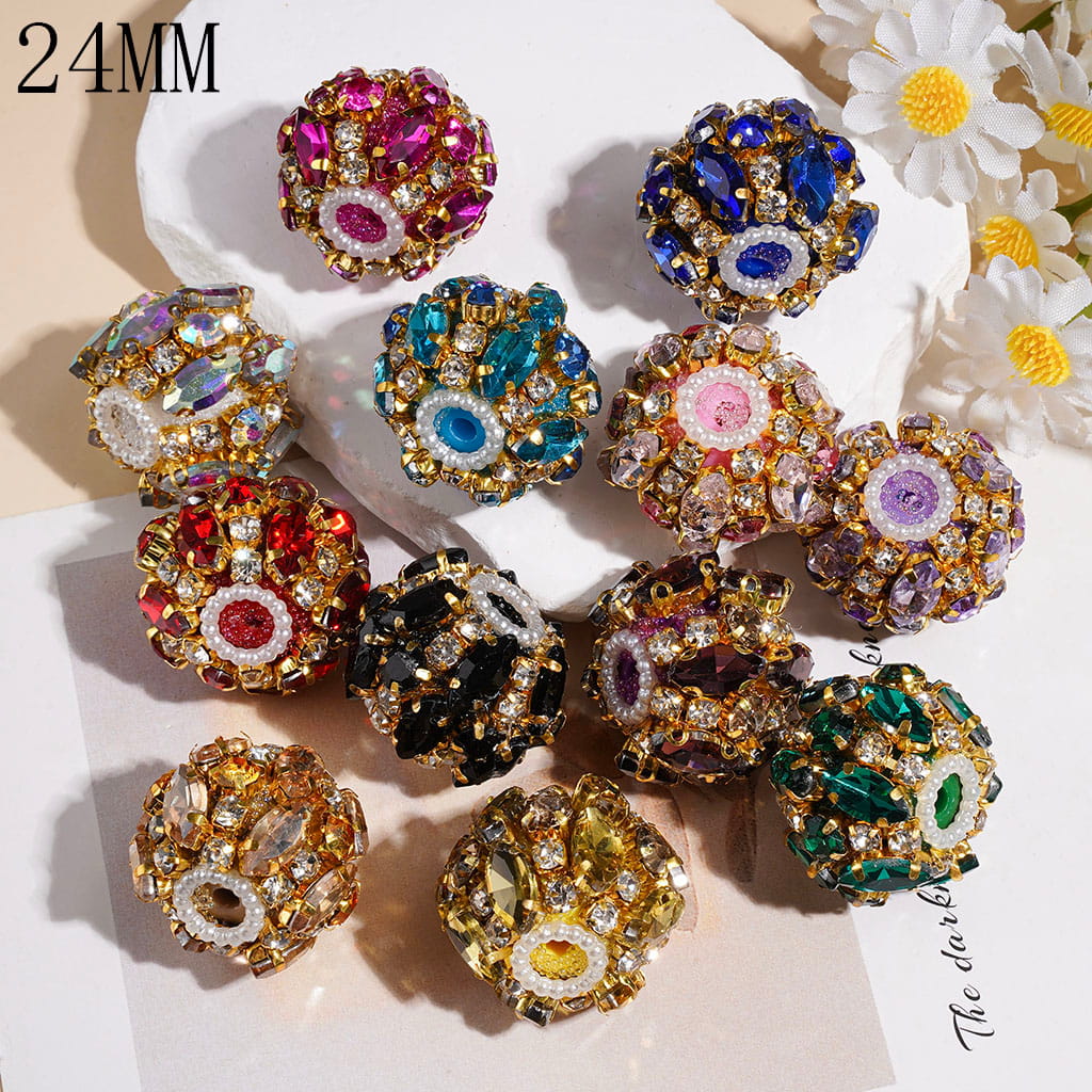 Handmade Acrylic Beads with Marquise Cut & Clear Rhinestones on Gold Metal Setting, Mini Bubble Ball & White Pearl Loop, 24MM, Multicolor, Random Mix