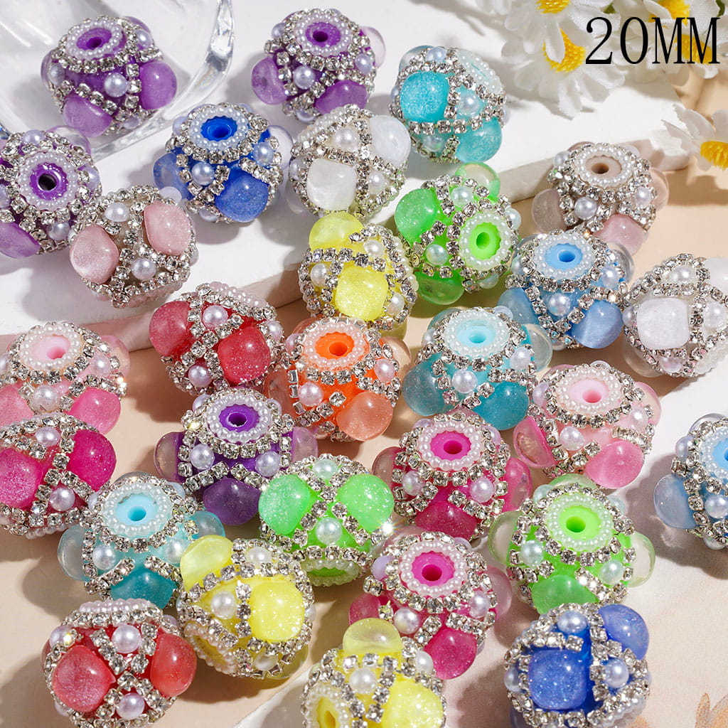 Hand-Made Acrylic Beads with Silver Glitter & Rounded Square Rhinestones, Clear Rhinestone Chains & White Pearls, 20MM, Various Colors, Random Mix