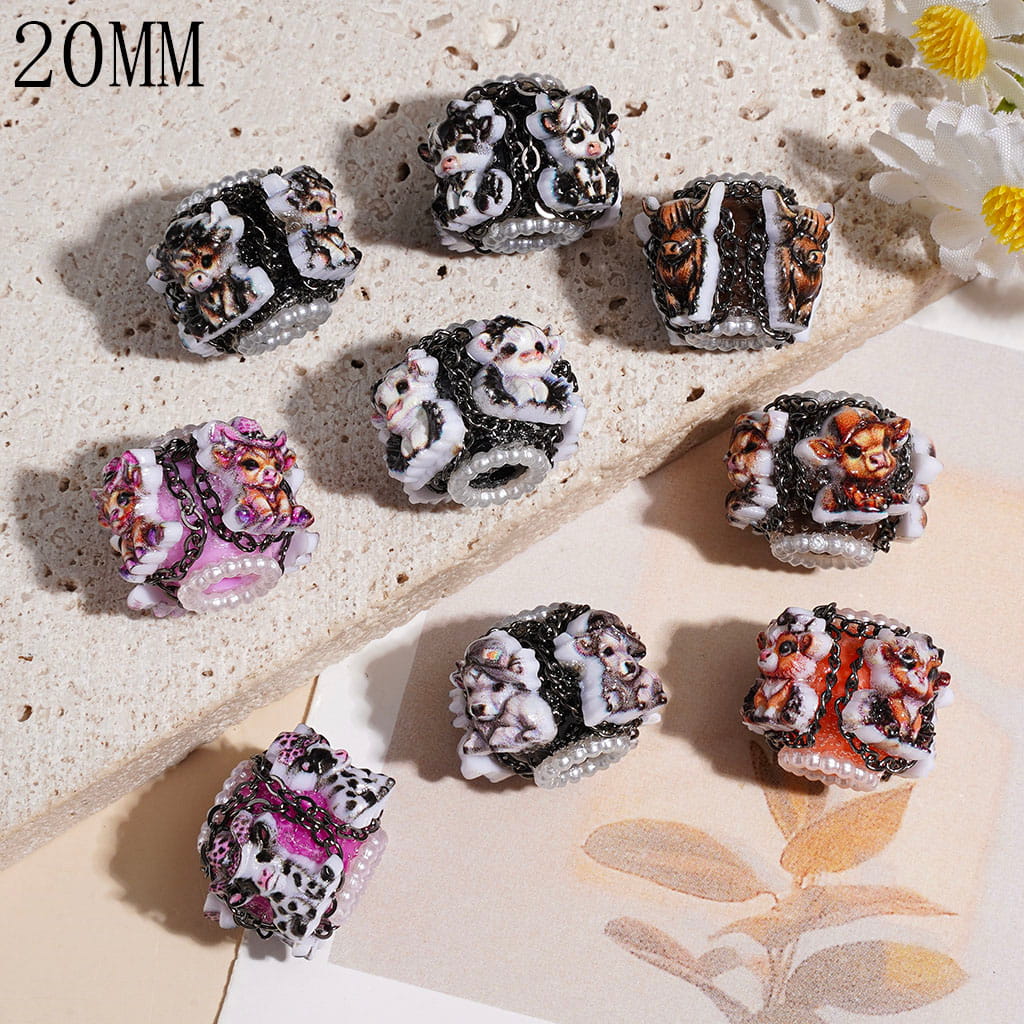 20MM - Handcrafted Acrylic Beads with Gun Black Metal Chains and Highland Cow, White Pearl Chains, Assorted Colors, Random Mix