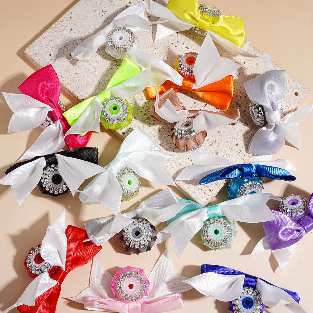 Dual Colors Fabric Bowtie Handmade Acrylic Beads, Glittery Heart and AB Rhinestone Chains, White Pearl Loop, Multicolor, Random Mix