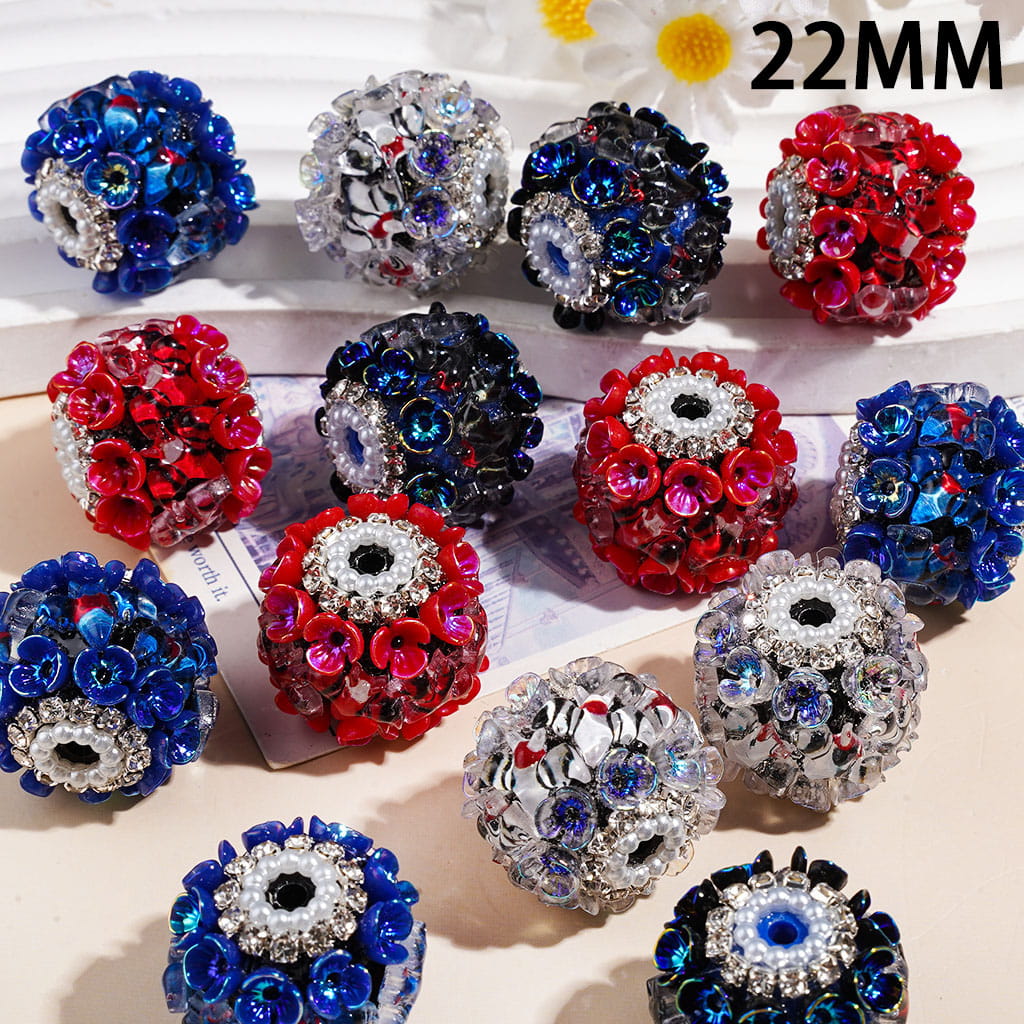 Handmade Acrylic Beads with Clear Bat & UV-Coated Flowers, Clear Rhinestone & White Pearl Chains, 22MM, Blue Red Series, Random Mix
