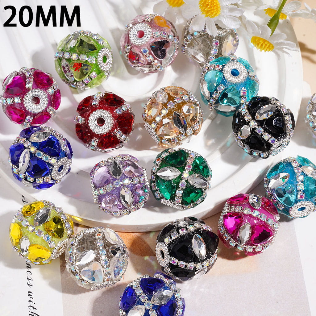 20MM - Handmade Acrylic Beads with Marquise Cut & Double Heart Crystal, AB Rhinestones Chains & Silver Metal Base, Multicolor, Random Mix