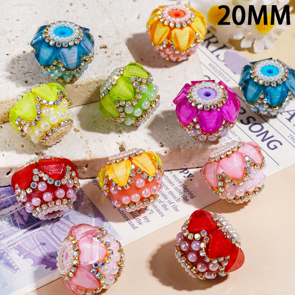 Hand-Made Acrylic Beads with Glittery Hearts & White Pearls, AB Rhinestones on Gold Metal Chains, Neon Color, 20MM, Random Mix